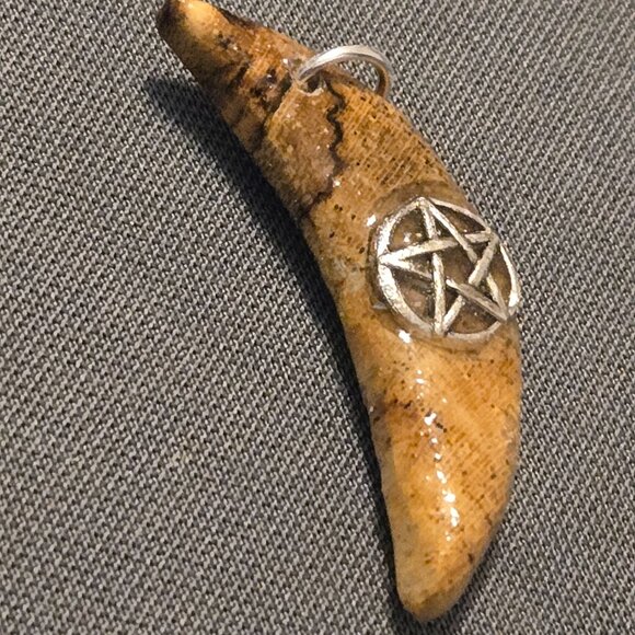 Hand Carved Wood Crescent Moon Pendant Blue with Our Lady of Guadalupe Medallion - Picture 5 of 8